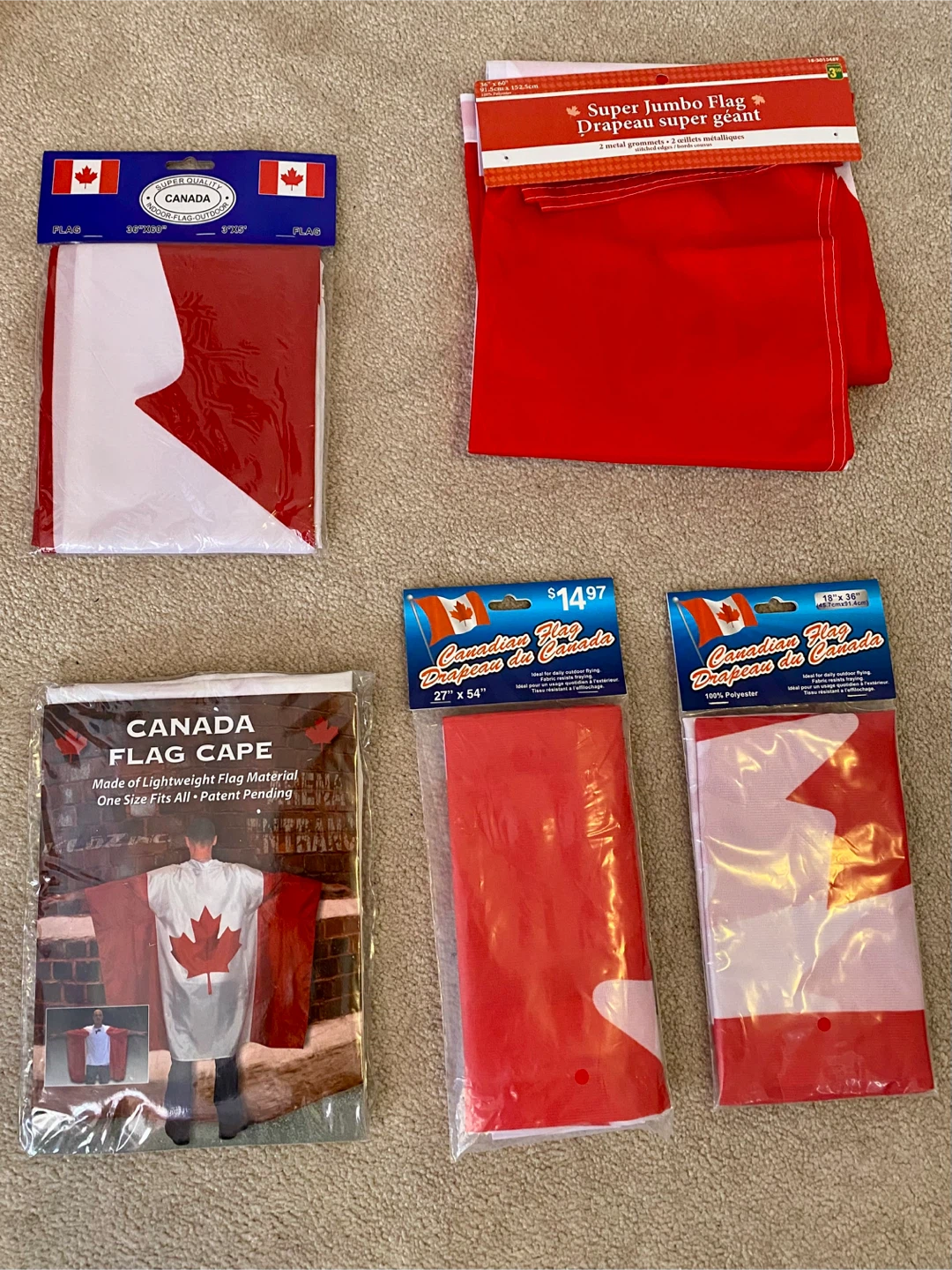 NEW bundle of 5 Canadian Flags and Flag Cape