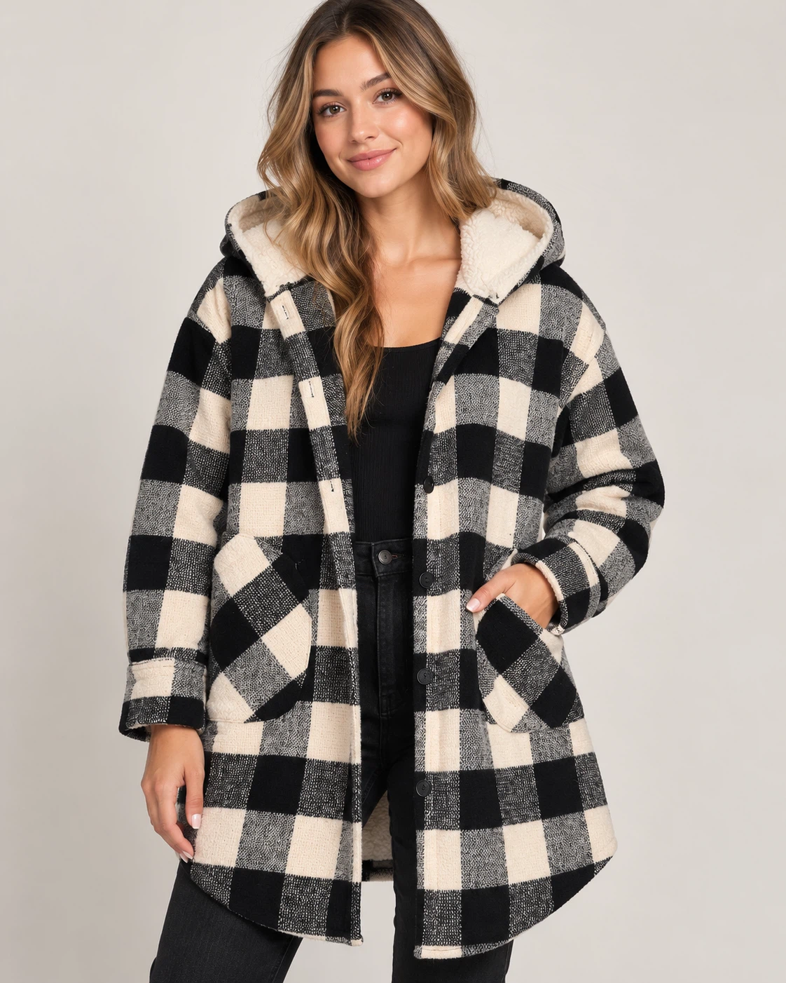 Pepper & Zoe Plaid Hooded Jacket Large Women