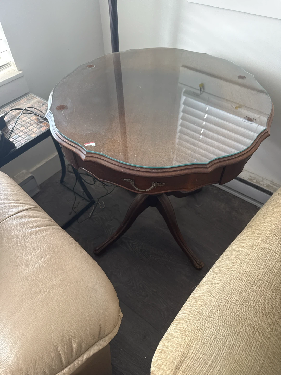 Vintage Round Wood Side Table with Drawer