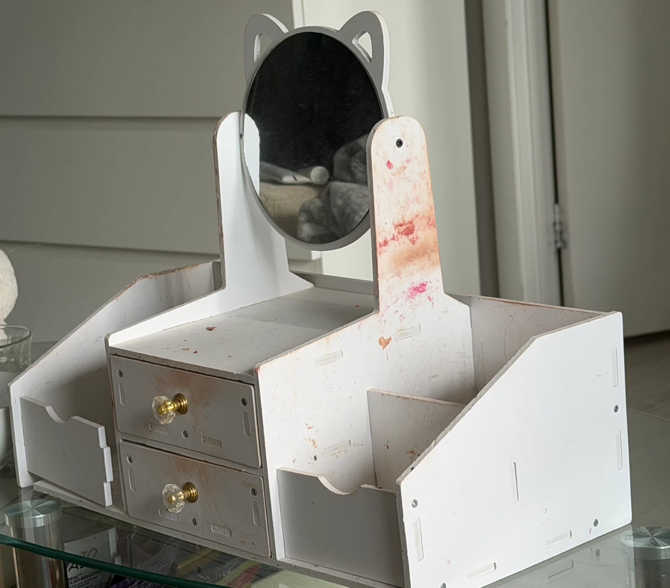 White Cat Ear Cosmetic Organizer with Mirror