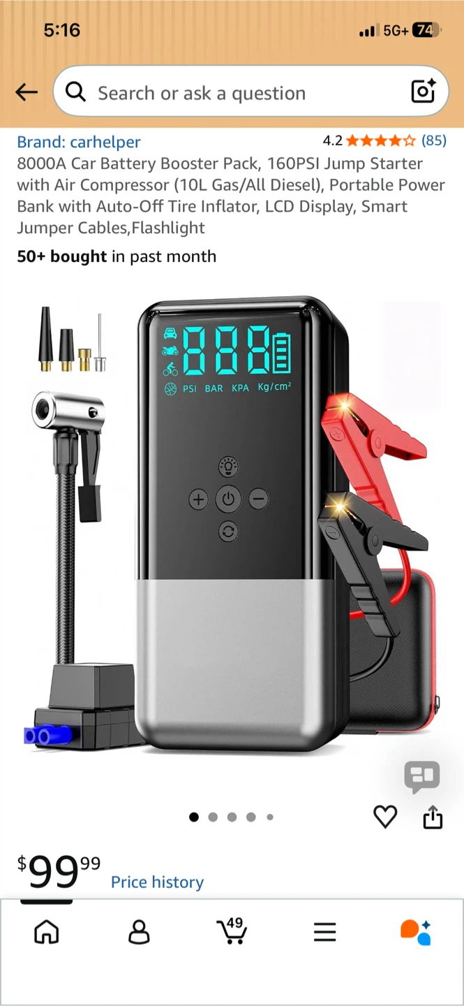 carhelper 8000A Jump Starter and Air Compressor