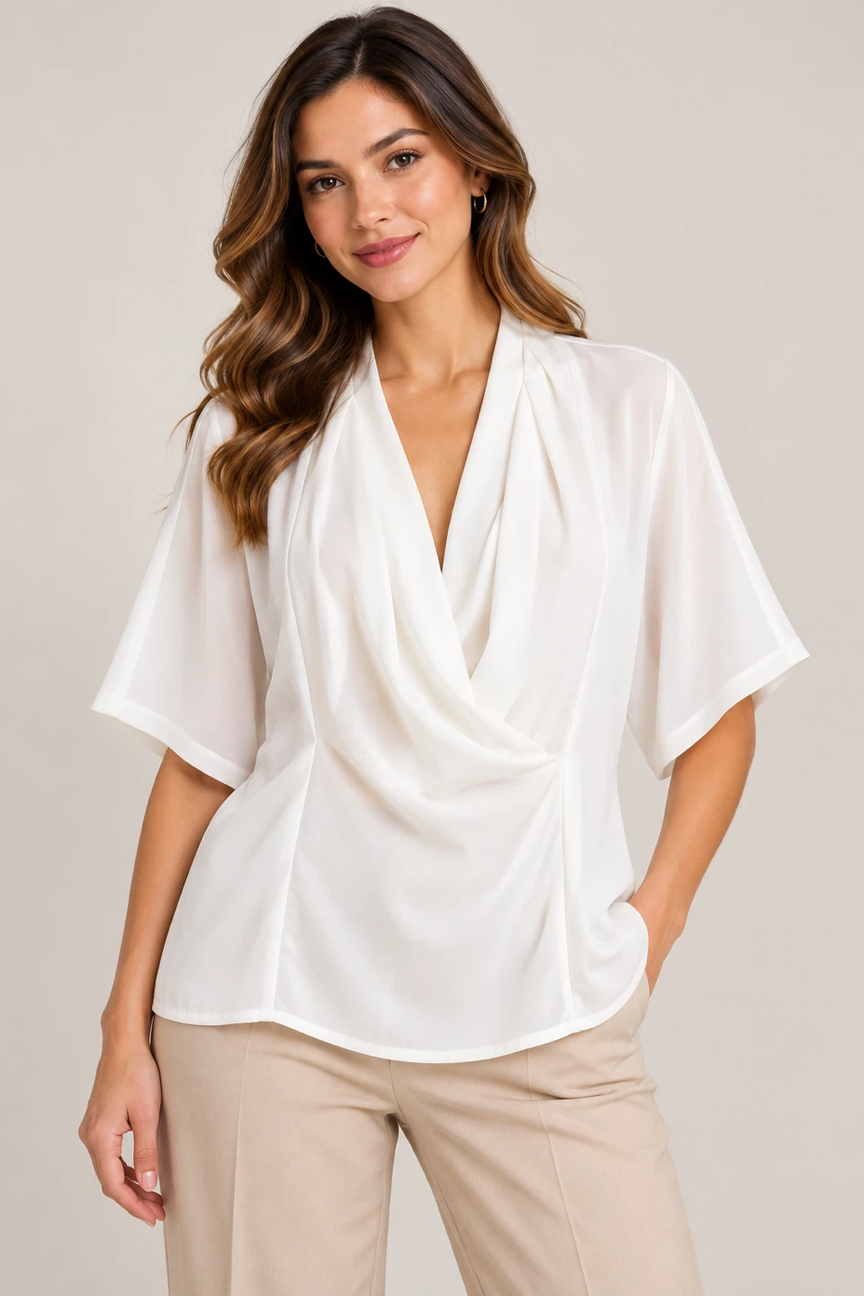 White Draped Crossover Neck Blouse Kimono Style Top s/m