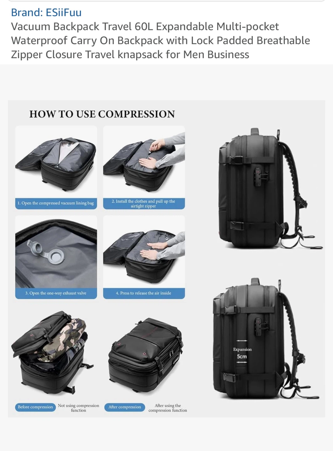 ESiiFuu 60L Expandable Vacuum Travel Backpack - photo 5