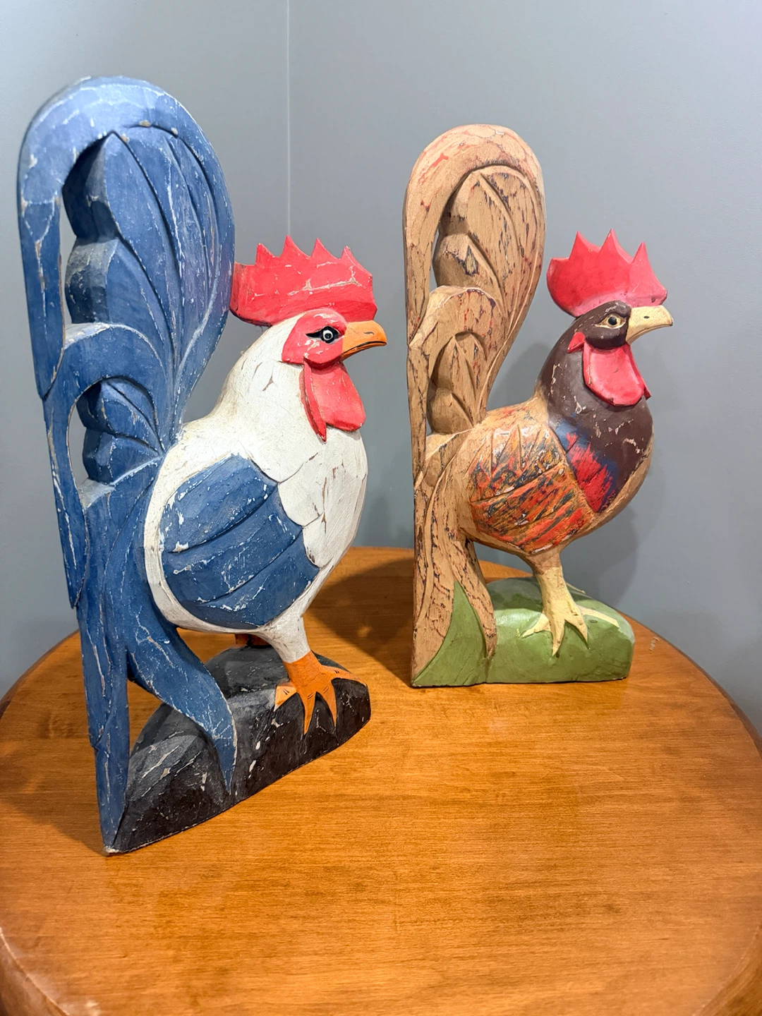 Two Vintage Hand-Carved Wooden Roosters