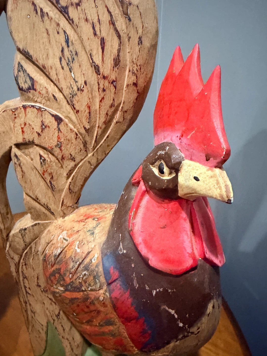 Two Vintage Hand-Carved Wooden Roosters - photo 2