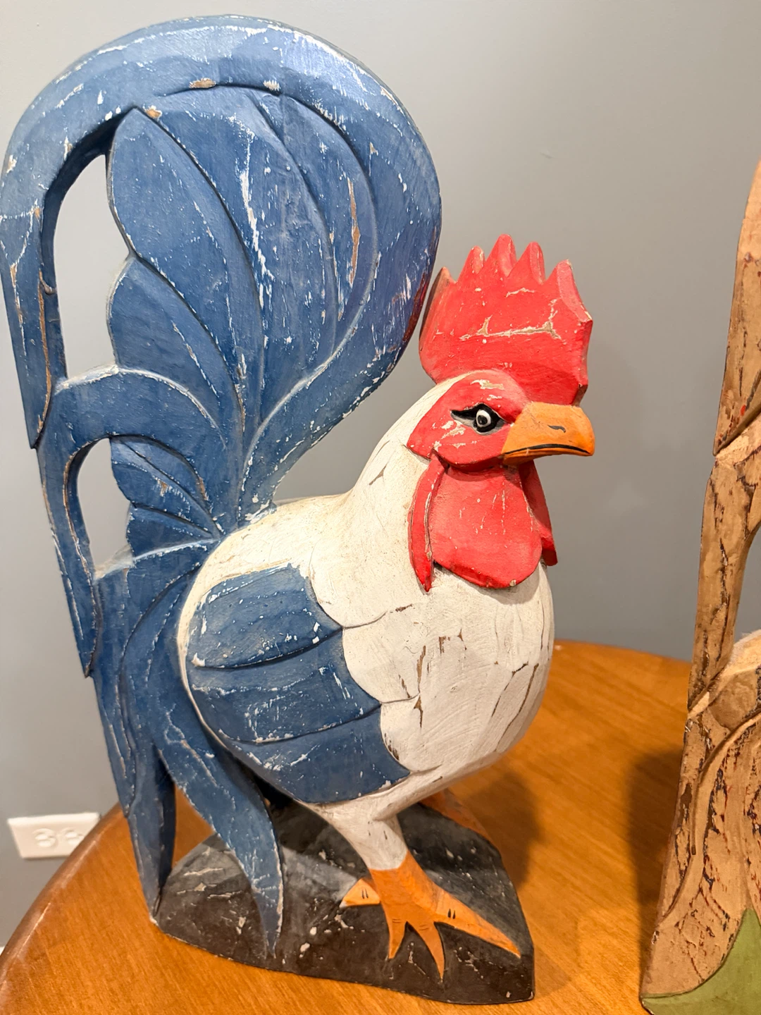 Two Vintage Hand-Carved Wooden Roosters - photo 3