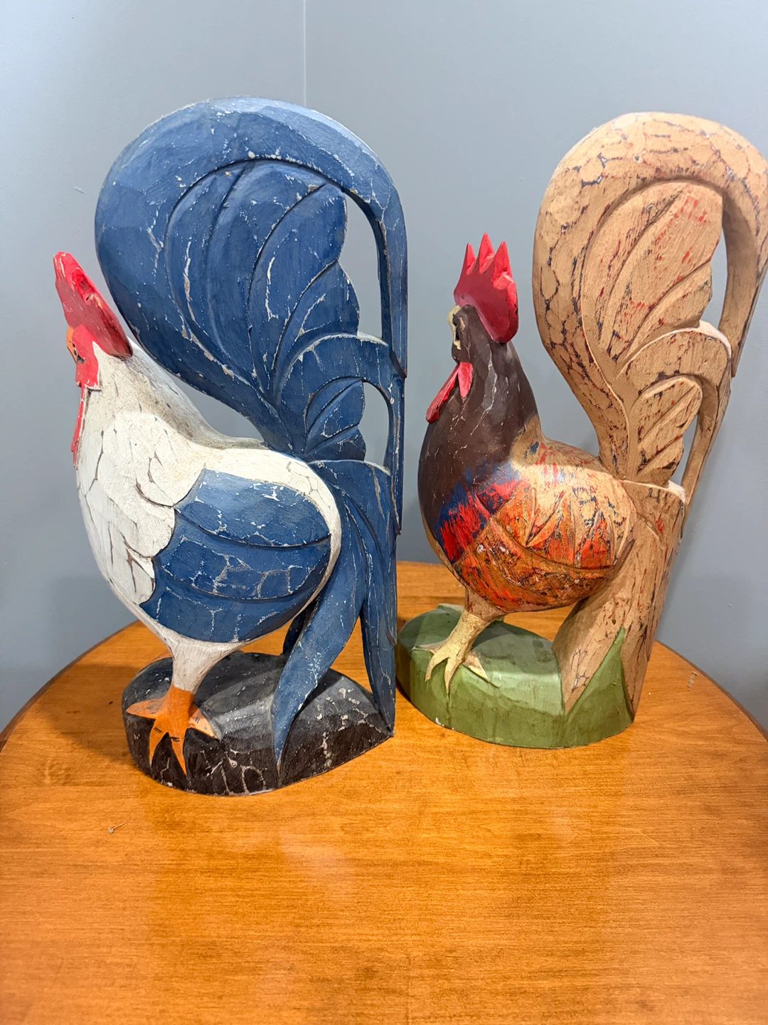 Two Vintage Hand-Carved Wooden Roosters - photo 5