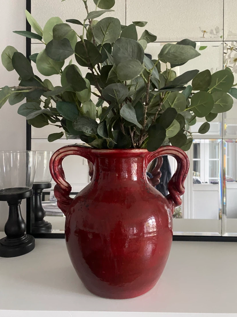 Red Ceramic Vase with Handles and foliage