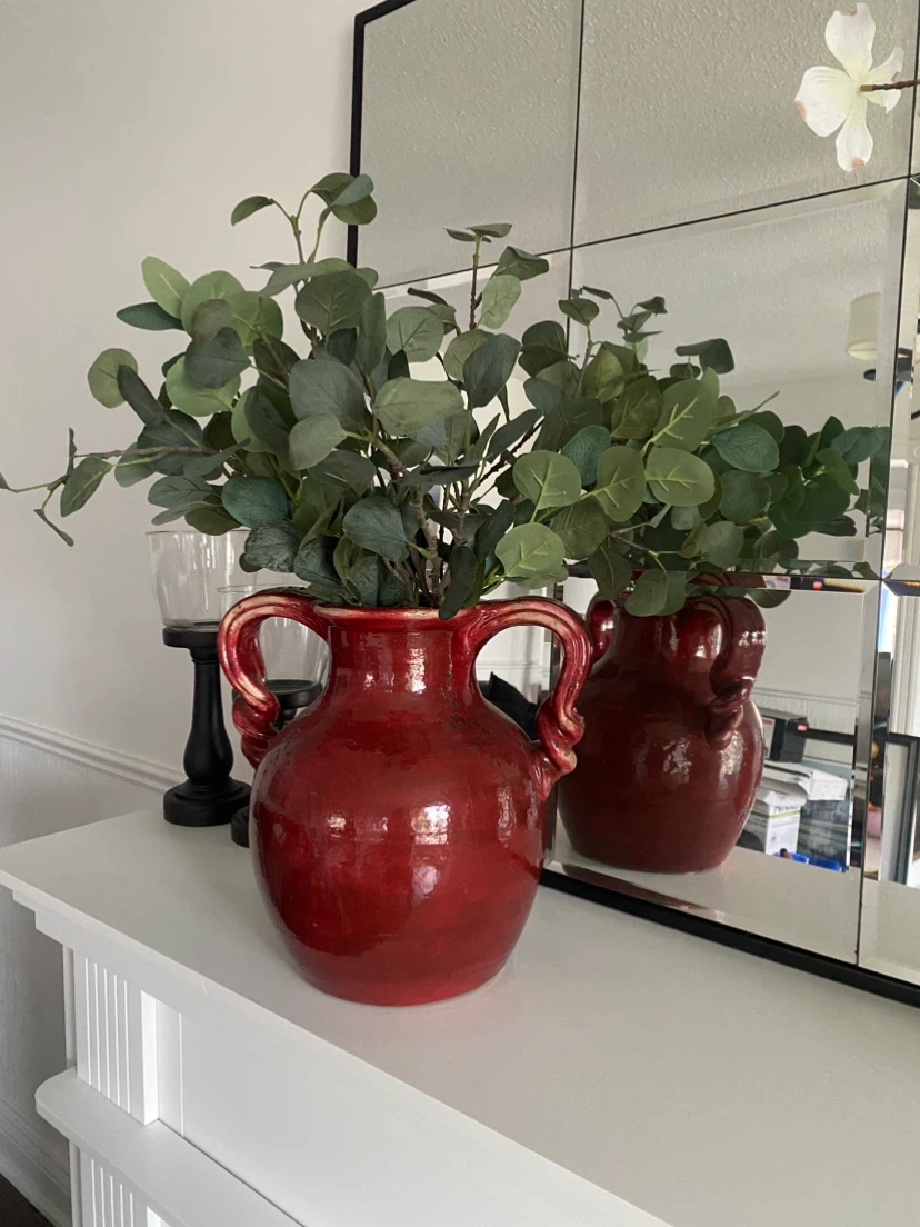Red Ceramic Vase with Handles and foliage - photo 2