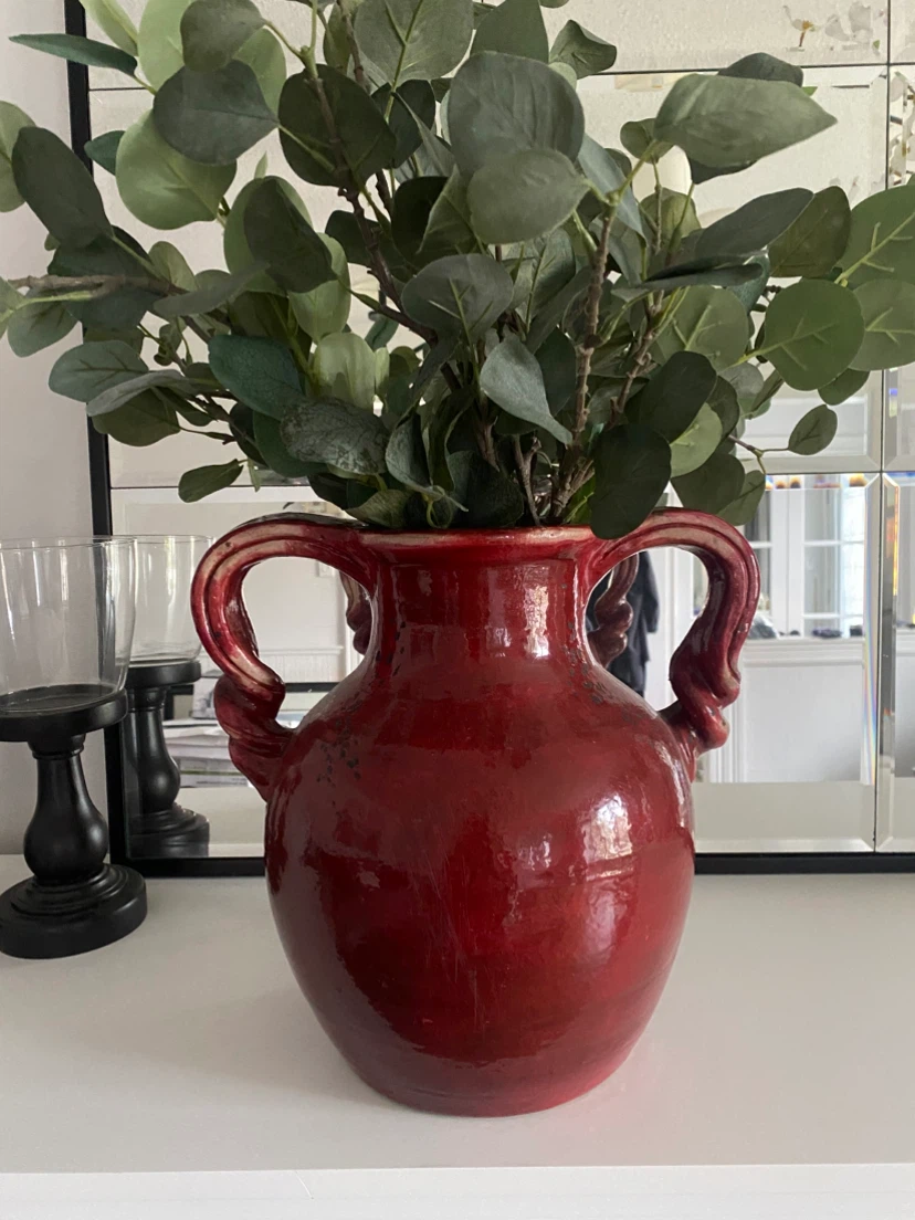 Red Ceramic Vase with Handles and foliage - photo 3