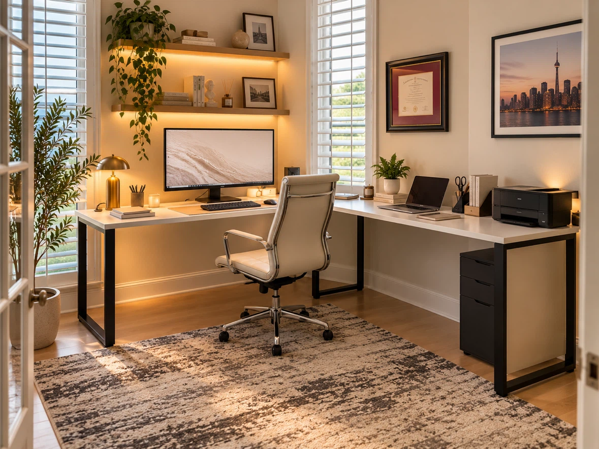 L-Shaped White Corner Desk with Black Metal Frame