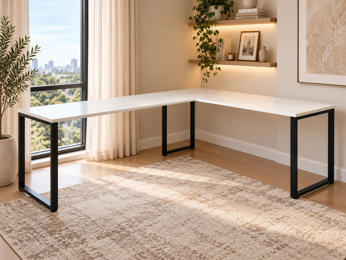 L-Shaped White Corner Desk with Black Metal Frame - photo 2