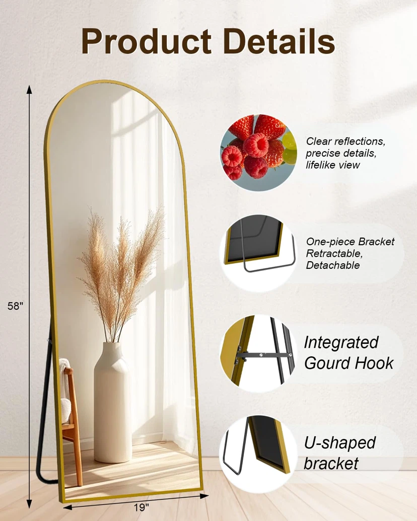 Arched Full Length Mirror with Stand,gold - photo 3
