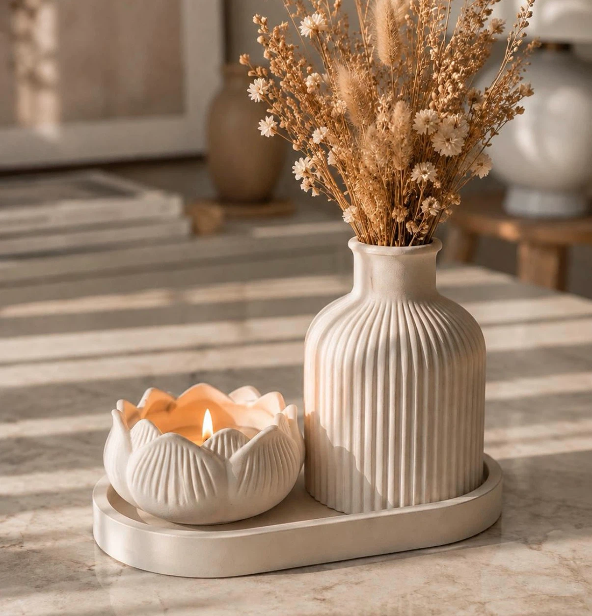 Ribbed Vase and Lotus Tealight Holder Set