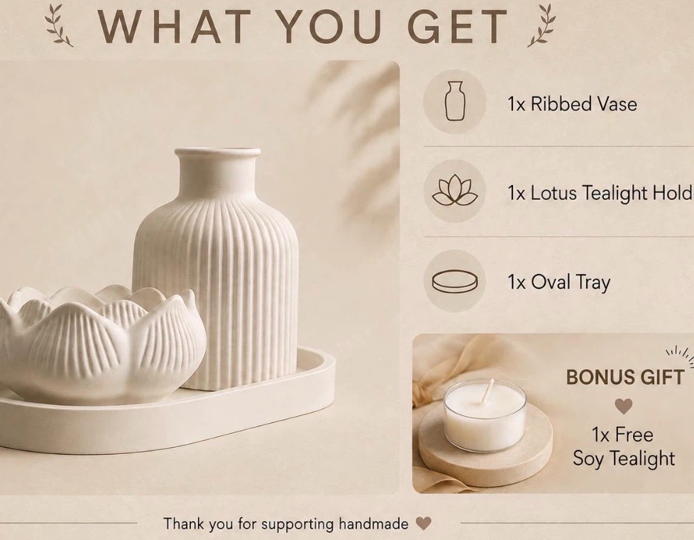 Ribbed Vase and Lotus Tealight Holder Set - photo 4