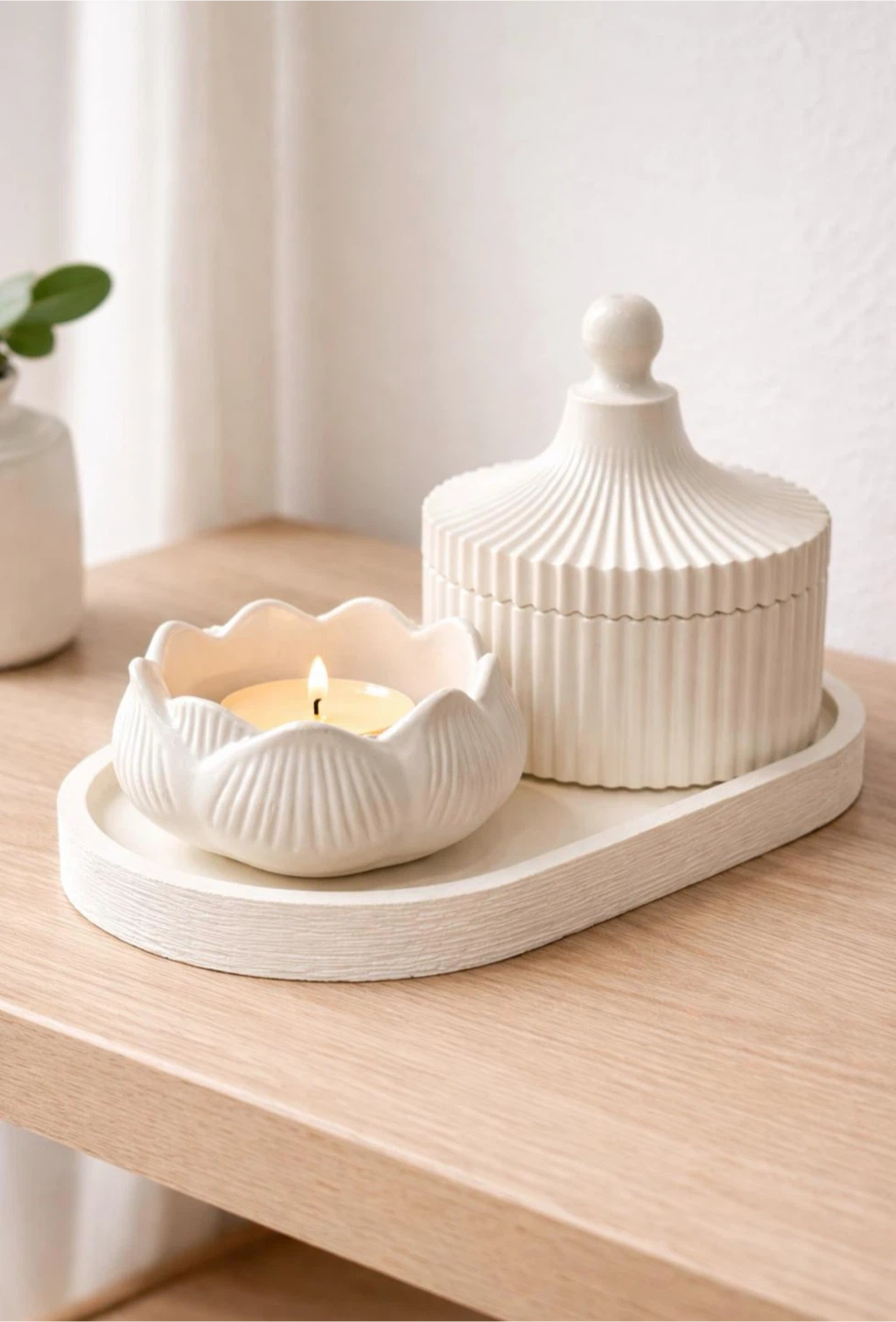 Ceramic Tray, Lotus Candle Holder and Jar Set