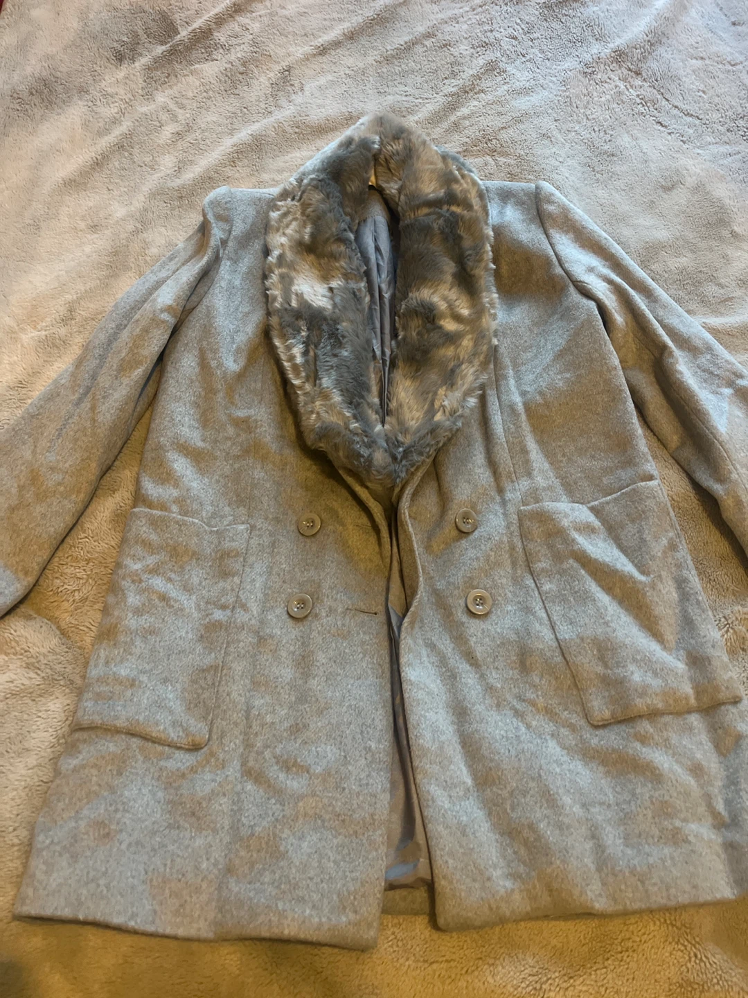 Grey Faux Fur Collar Coat