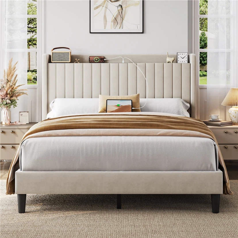 Yaheetech Velvet Queen Bed Frame with Charging Outlets