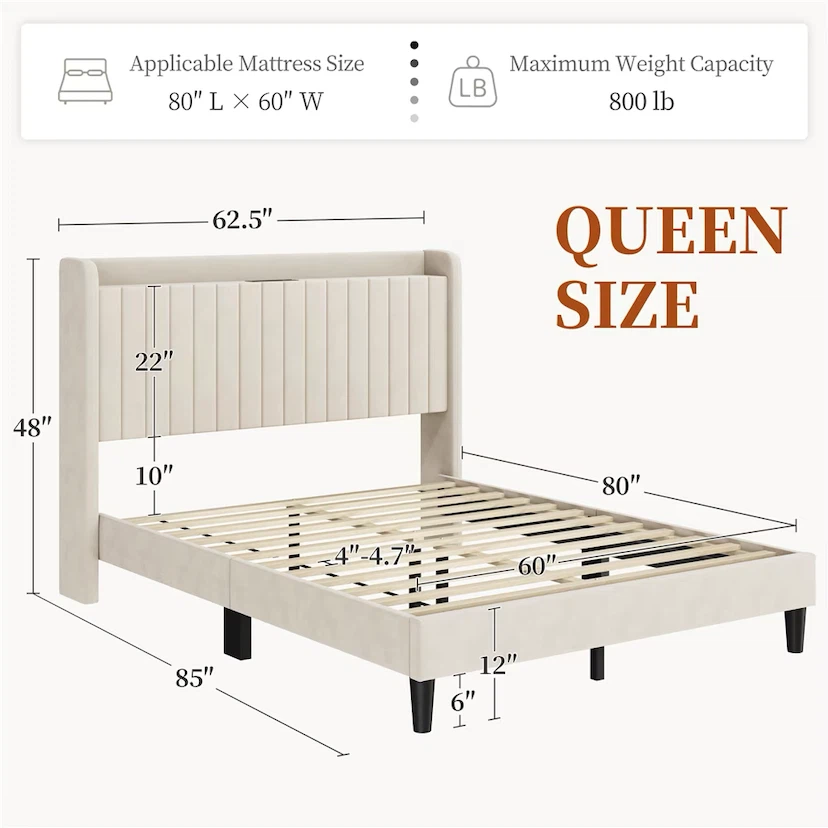 Yaheetech Velvet Queen Bed Frame with Charging Outlets - photo 2