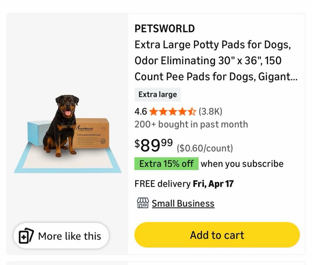 PetsWorld Extra Large Puppy Training Pads 150 Count