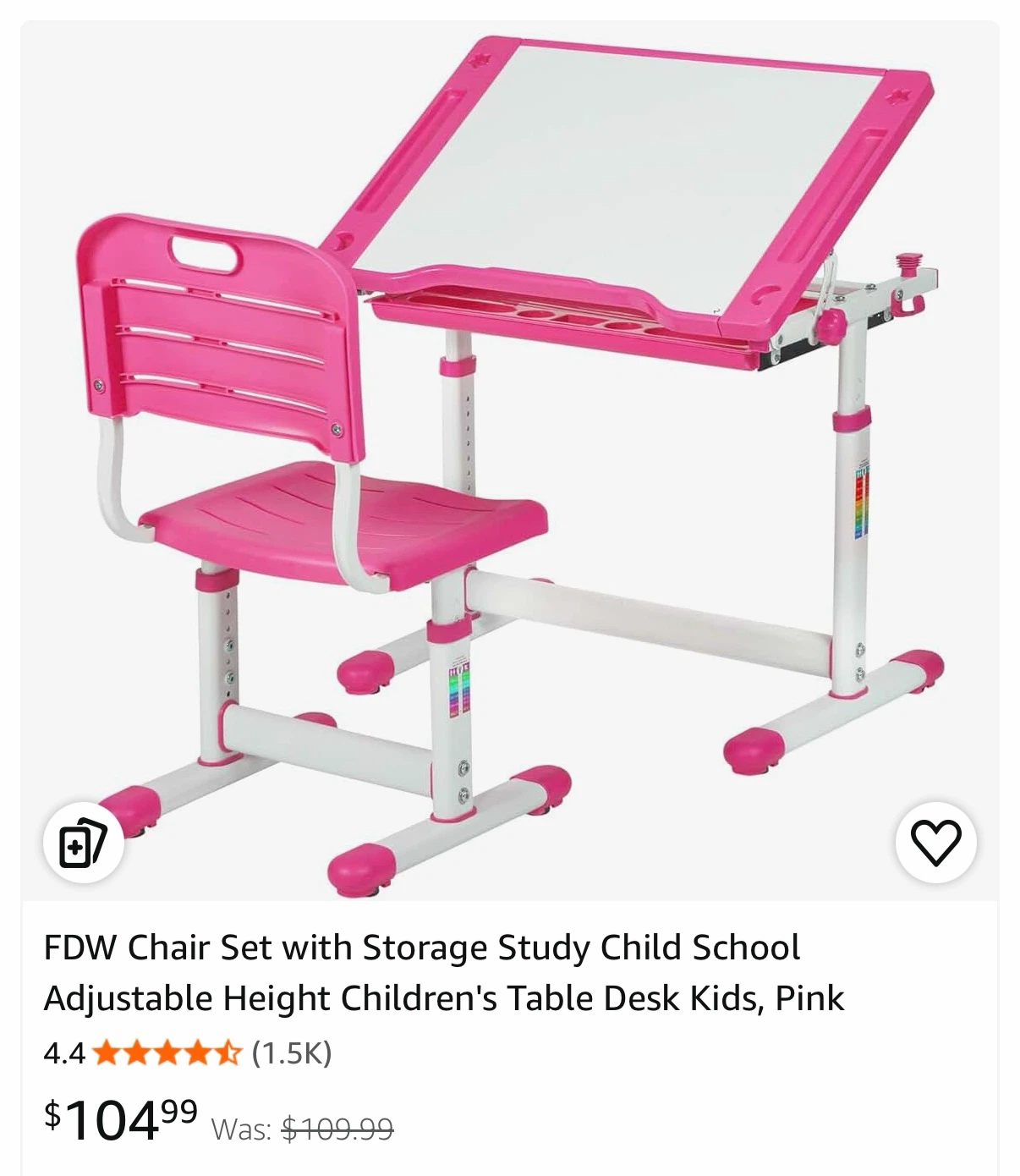 FDW Kids Adjustable Study Desk and Chair Set - Pink