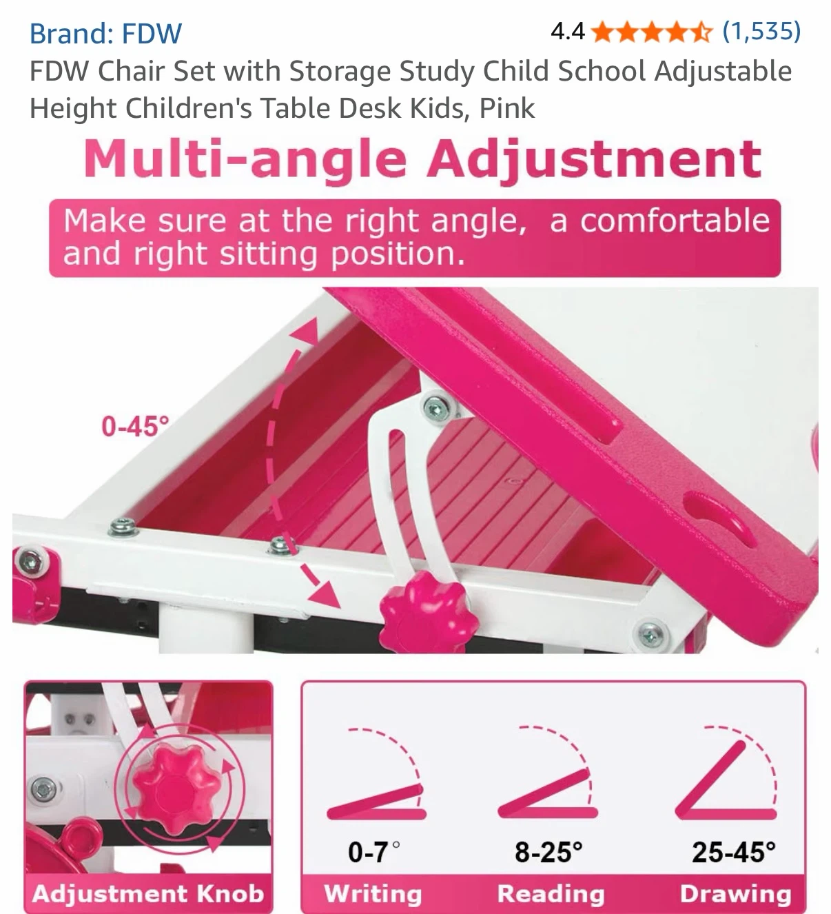 FDW Kids Adjustable Study Desk and Chair Set - Pink - photo 2