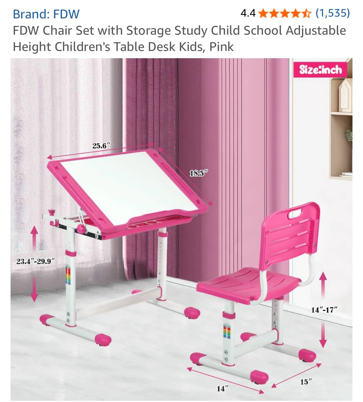 FDW Kids Adjustable Study Desk and Chair Set - Pink - photo 3
