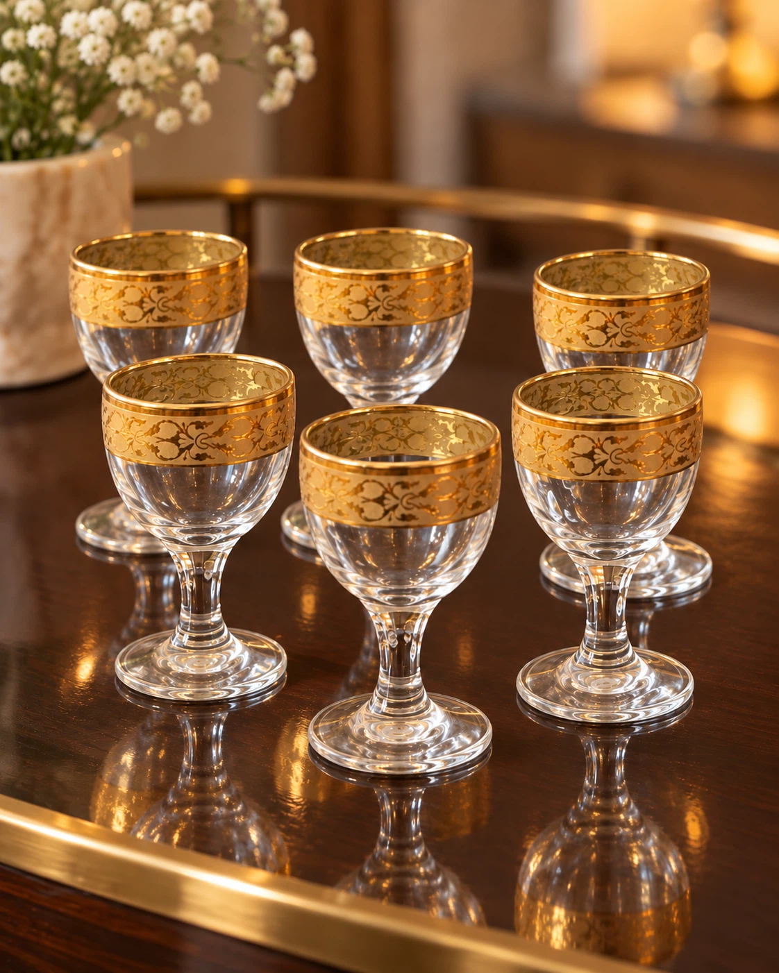 Set of 6 Gold-Rimmed Crystal Glasses