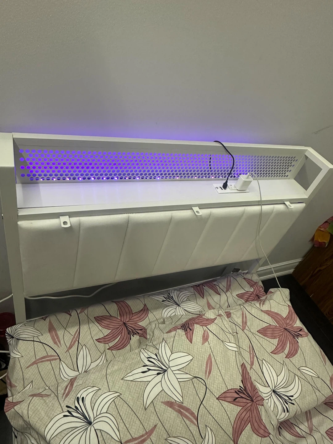 Twin Size White Metal Bed Frame with LED Headboard