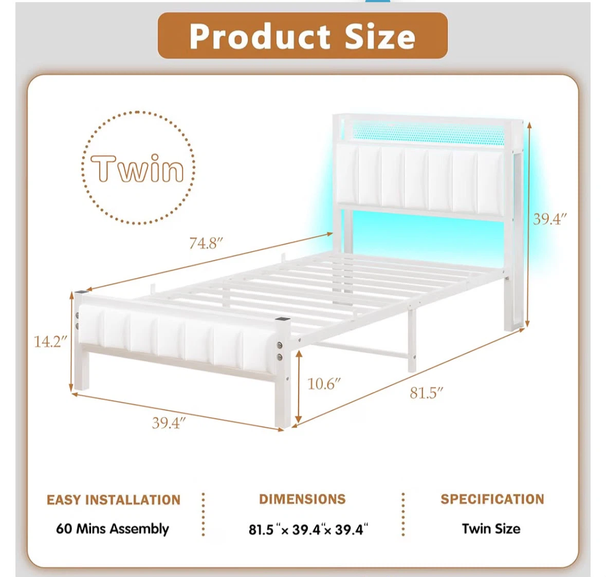 Twin Size White Metal Bed Frame with LED Headboard - photo 4