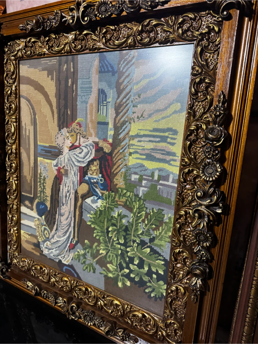 Vintage Romantic Needlepoint Art with Ornate Gold Frame
