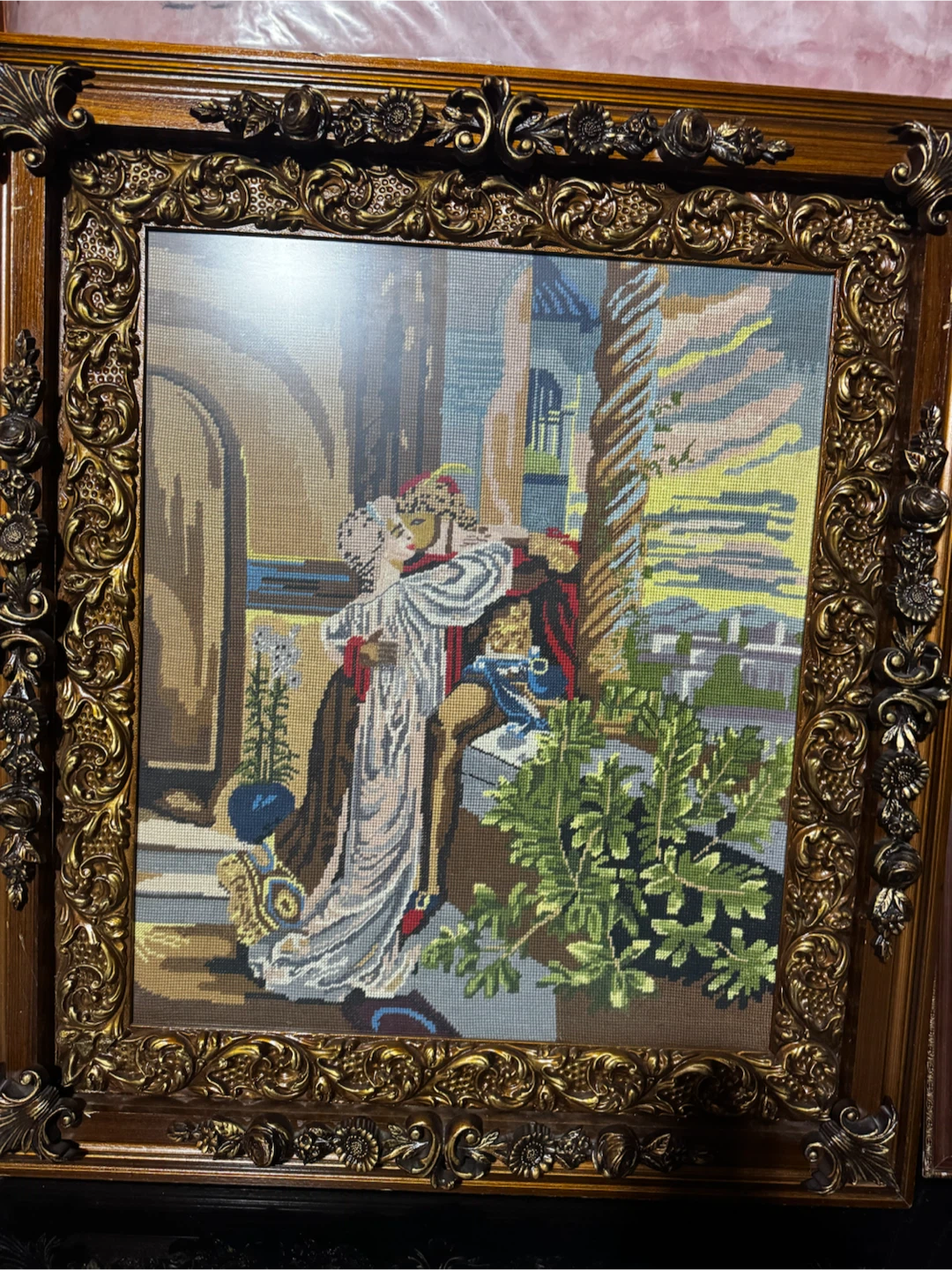 Vintage Romantic Needlepoint Art with Ornate Gold Frame - photo 2
