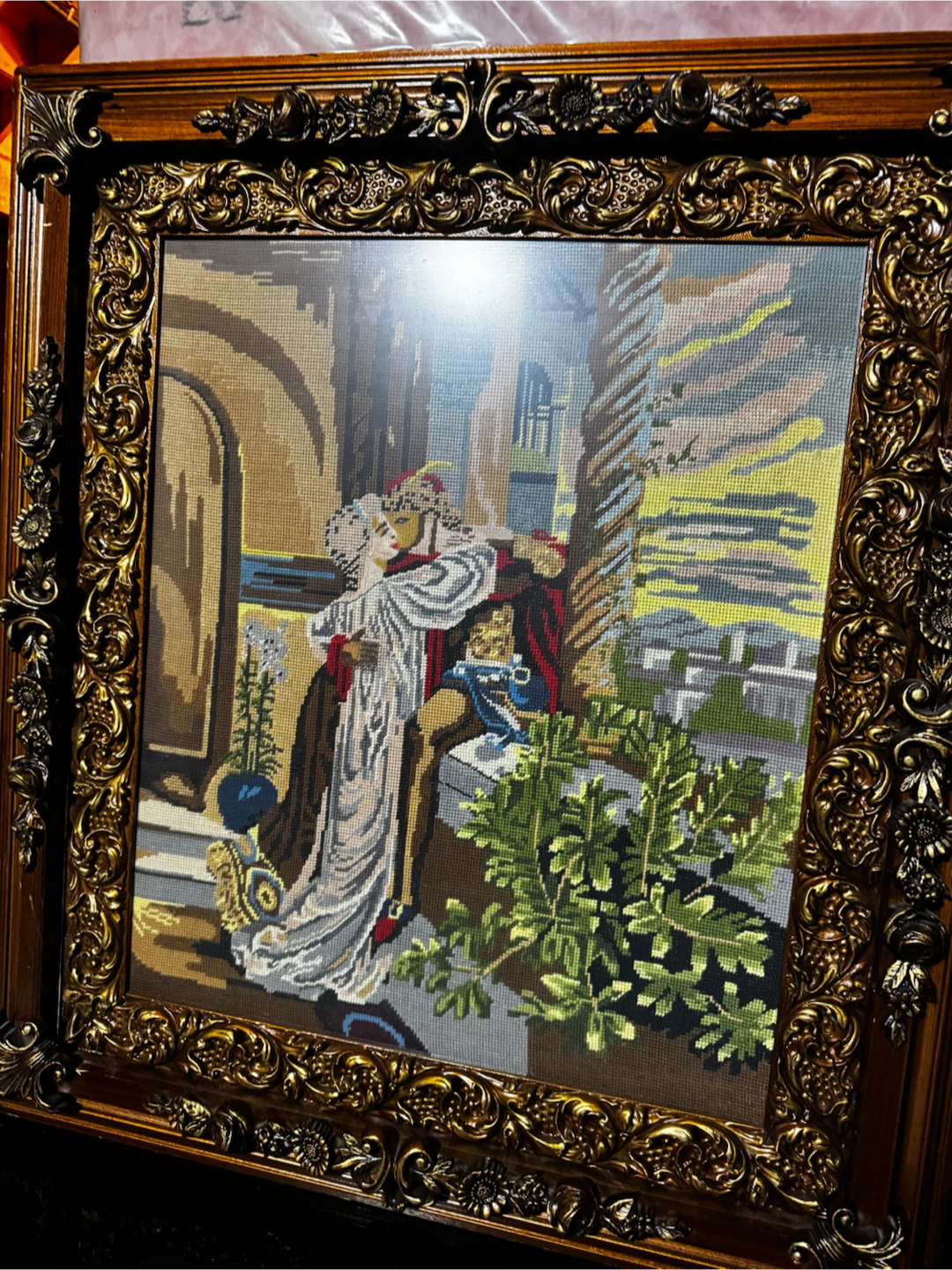 Vintage Romantic Needlepoint Art with Ornate Gold Frame - photo 3