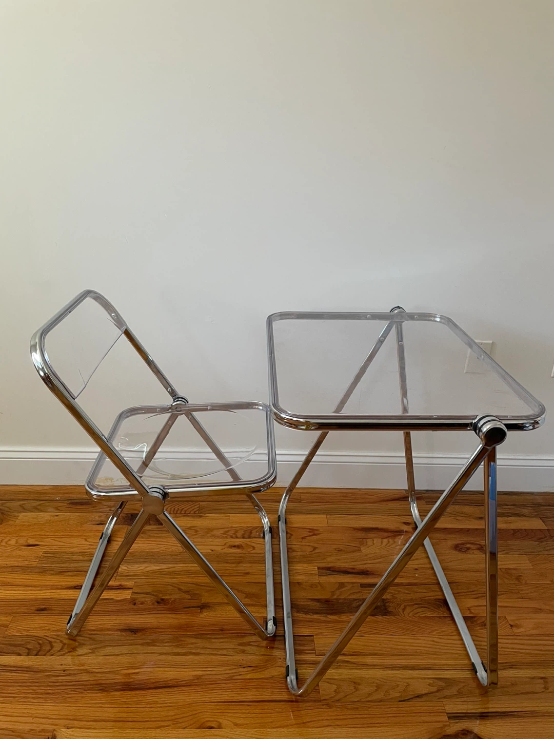 Folding Acrylic and Chrome Chair and Table Set