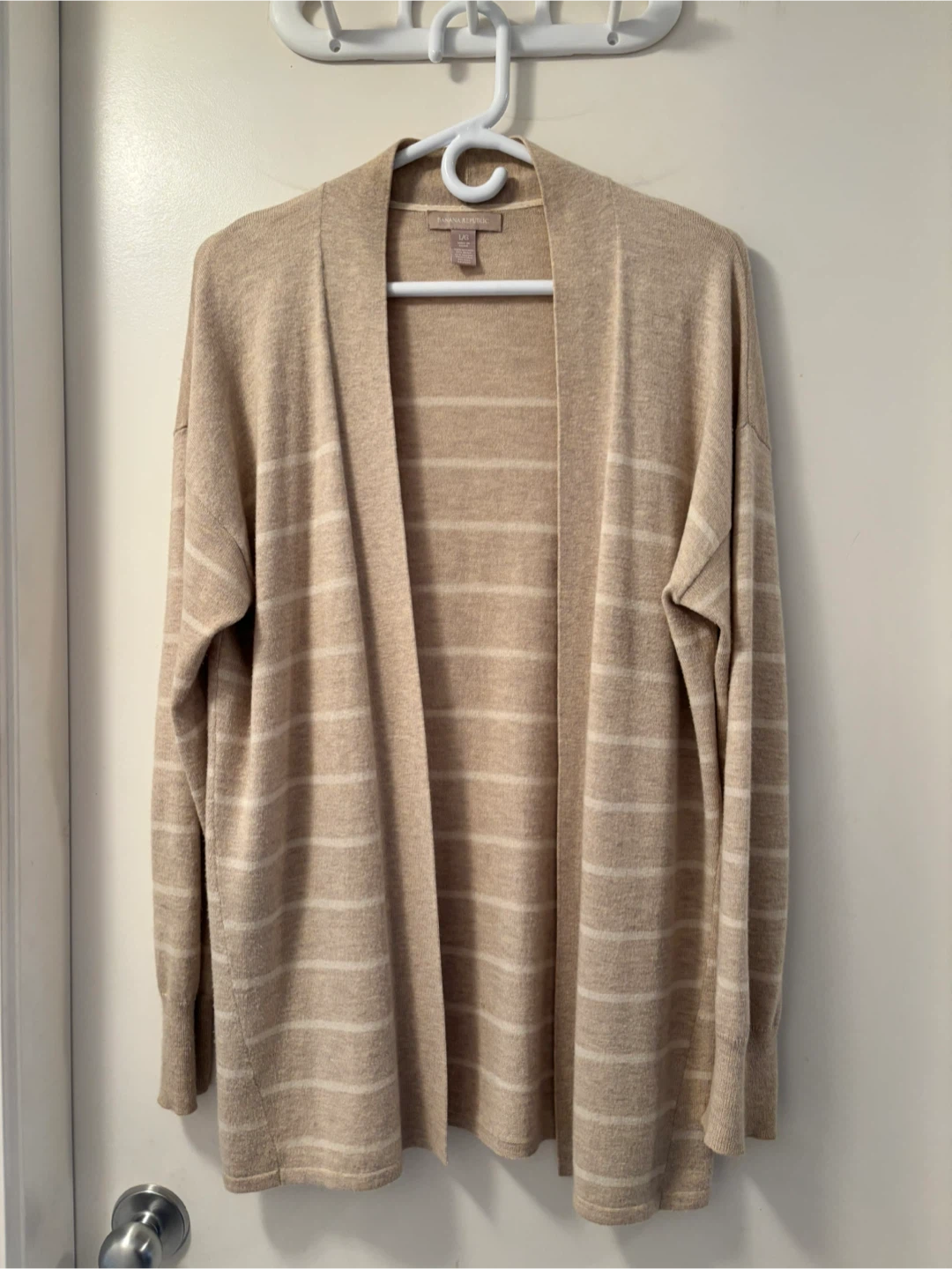 Banana Republic Tan and Cream Striped Open-Front Cardigan L