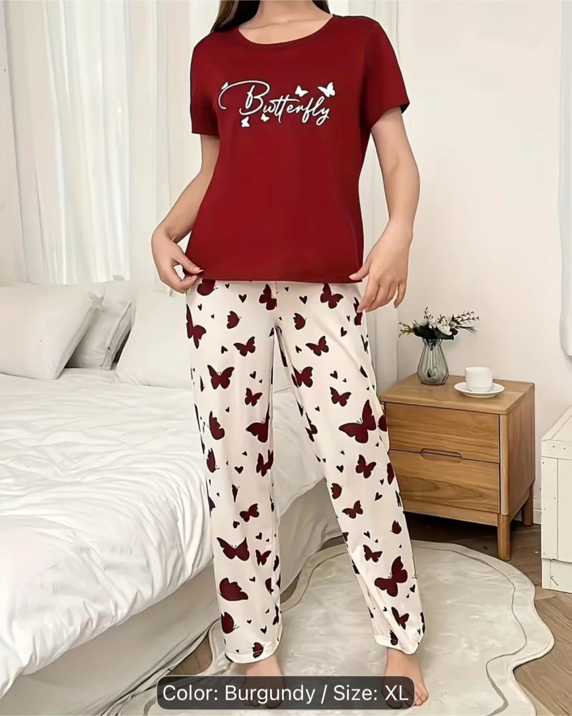 New-Burgundy Butterfly Print Pyjama Set