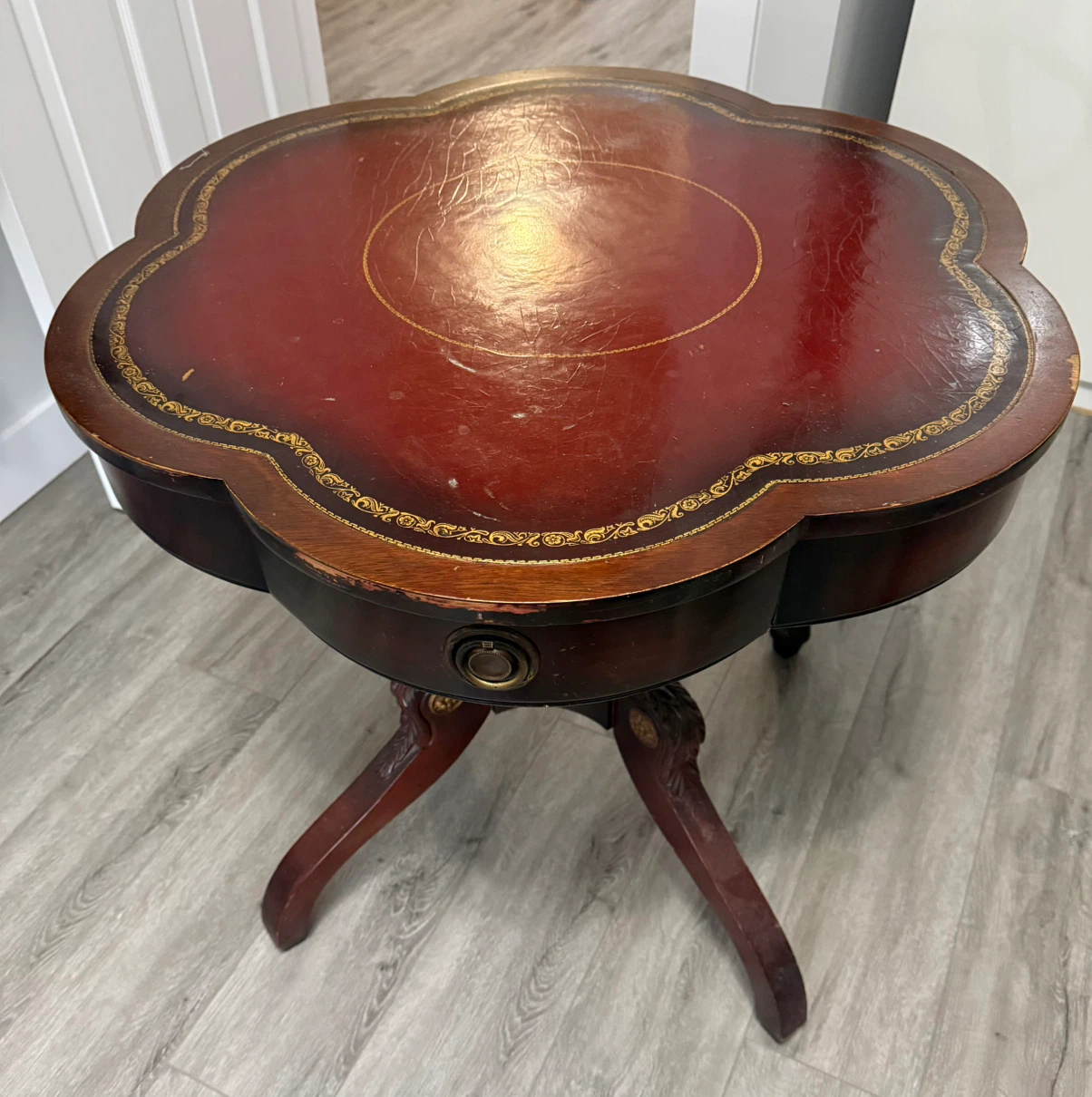 Vintage Clover-Shaped Wood Side Table with Drawer