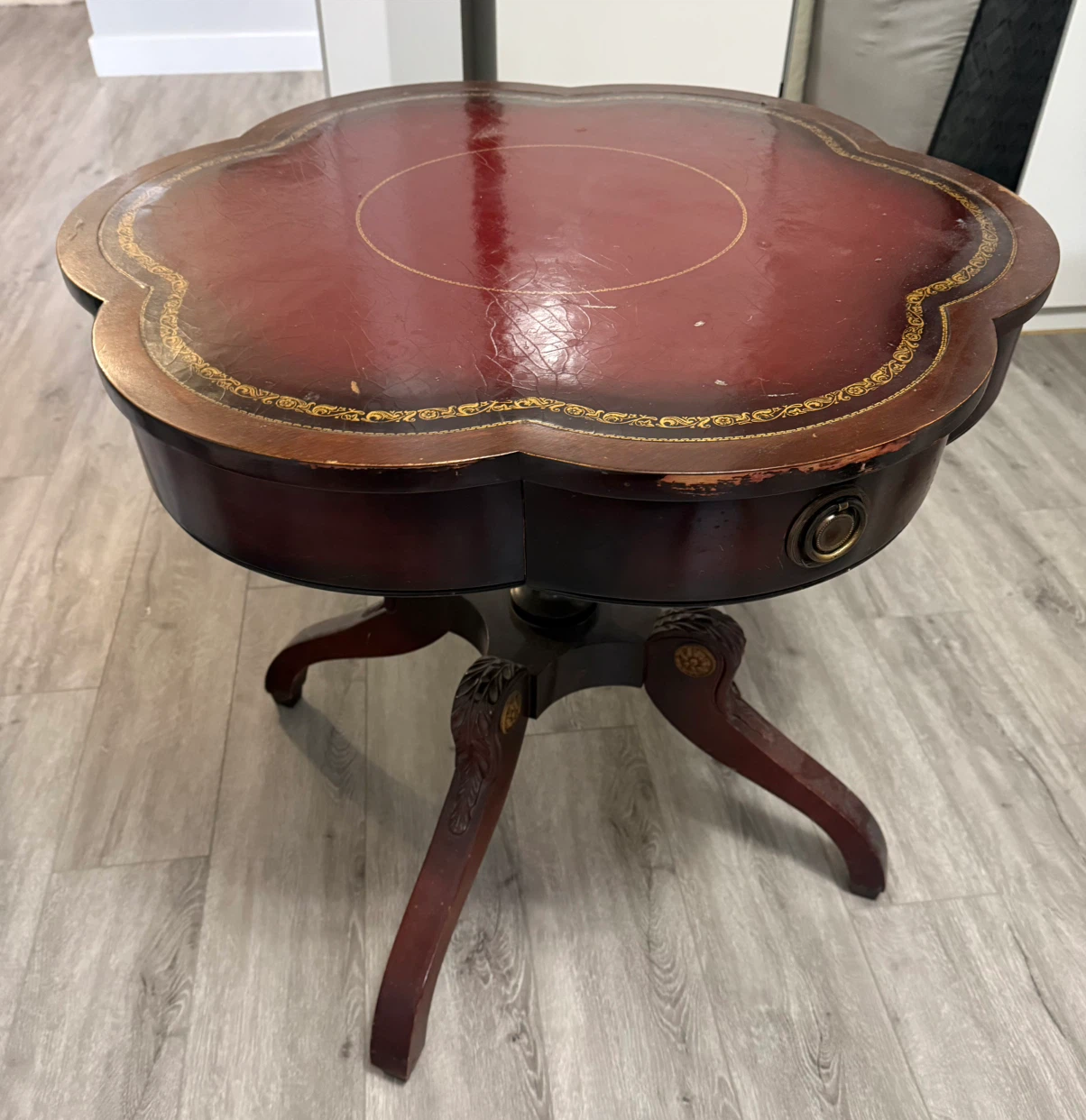 Vintage Clover-Shaped Wood Side Table with Drawer - photo 2