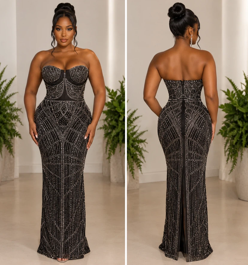 Black Rhinestone Embellished Evening Gown