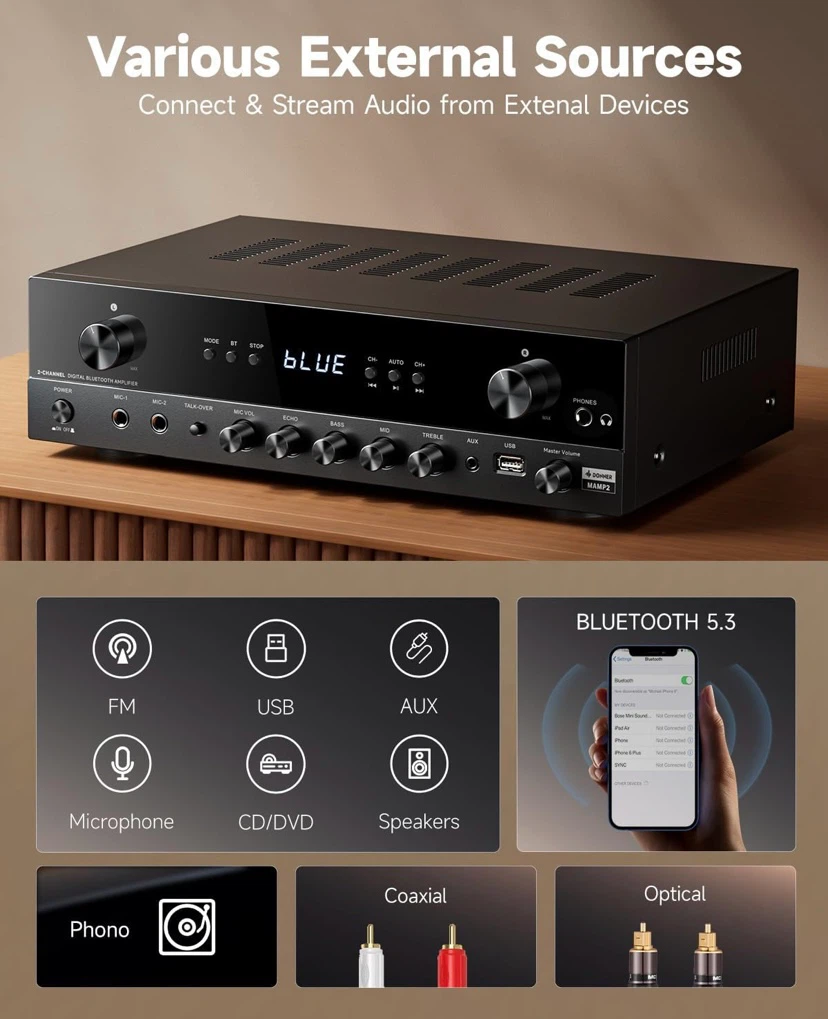 New Donner Stereo Audio Amplifier Receiver with Bluetooth MAMP2 - photo 2