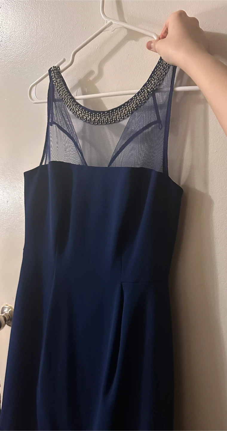 Classy Navy Blue Beaded Evening Gown - photo 2