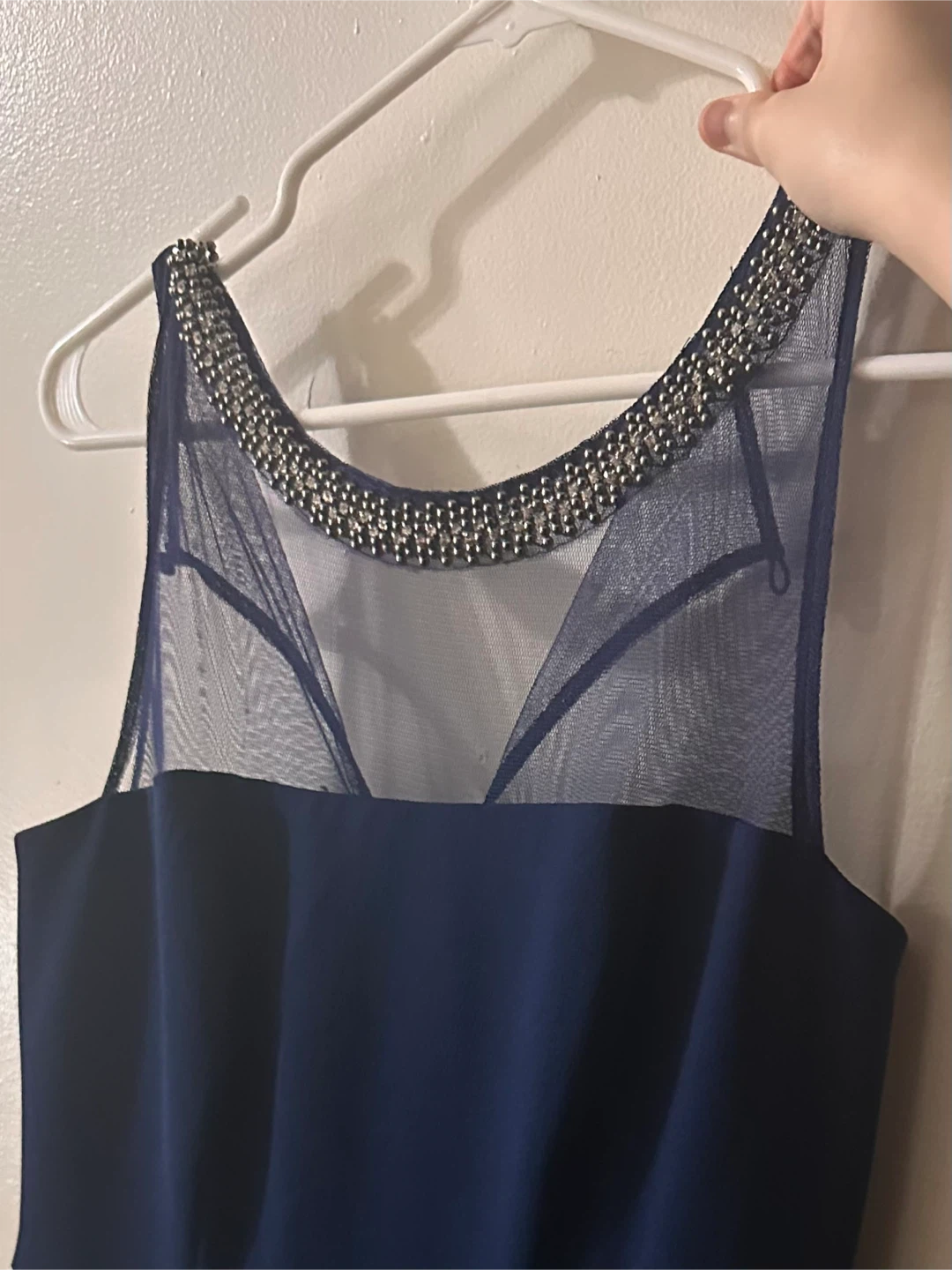 Classy Navy Blue Beaded Evening Gown - photo 3