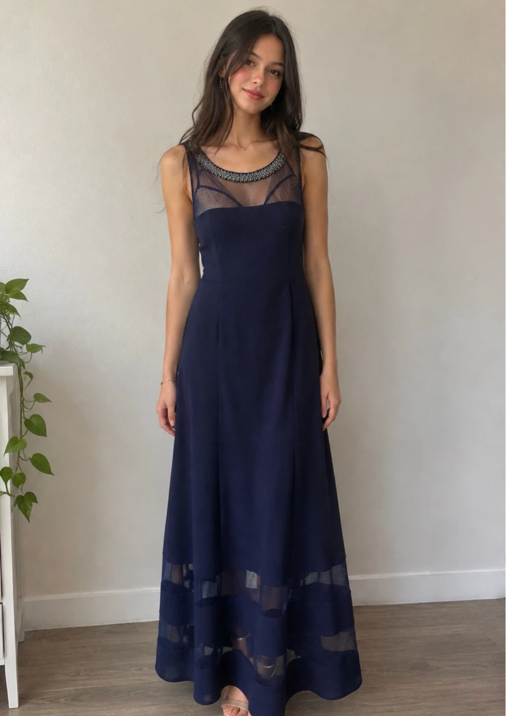 Classy Navy Blue Beaded Evening Gown