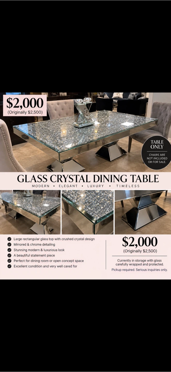 ✨ LUXURY GLASS CRYSTAL DINING TABLE – $2,000 ✨