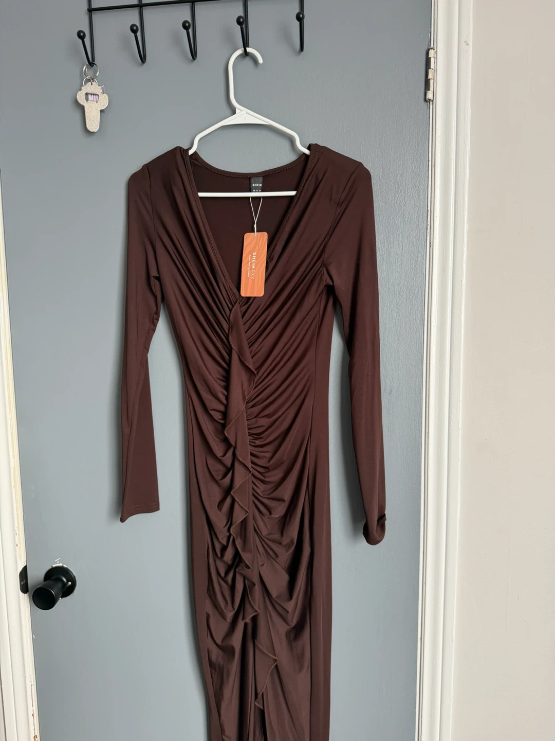 SHEIN Brown Ruched Long Sleeve Dress