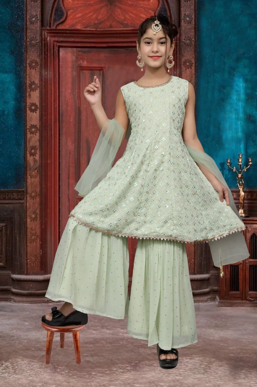 Girls Mint Green Embroidered Sharara Set