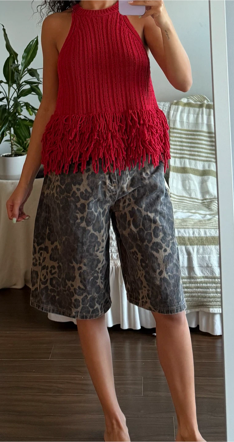 H&M Red Fringe Knit Halter Top