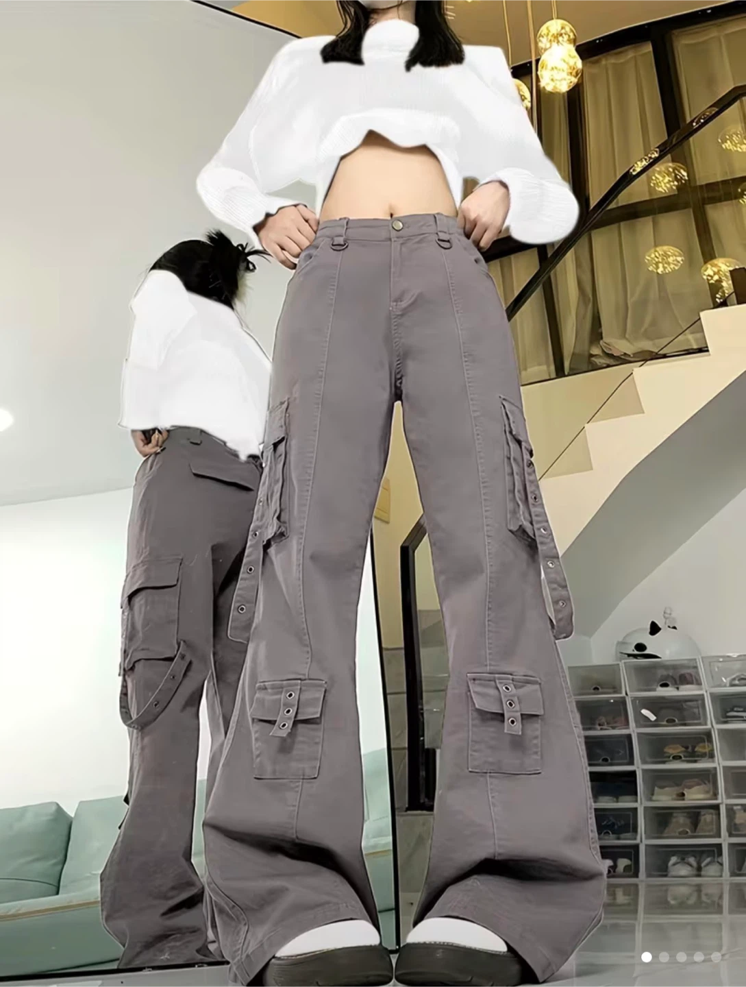 Grey cargo pants with multiple pockets