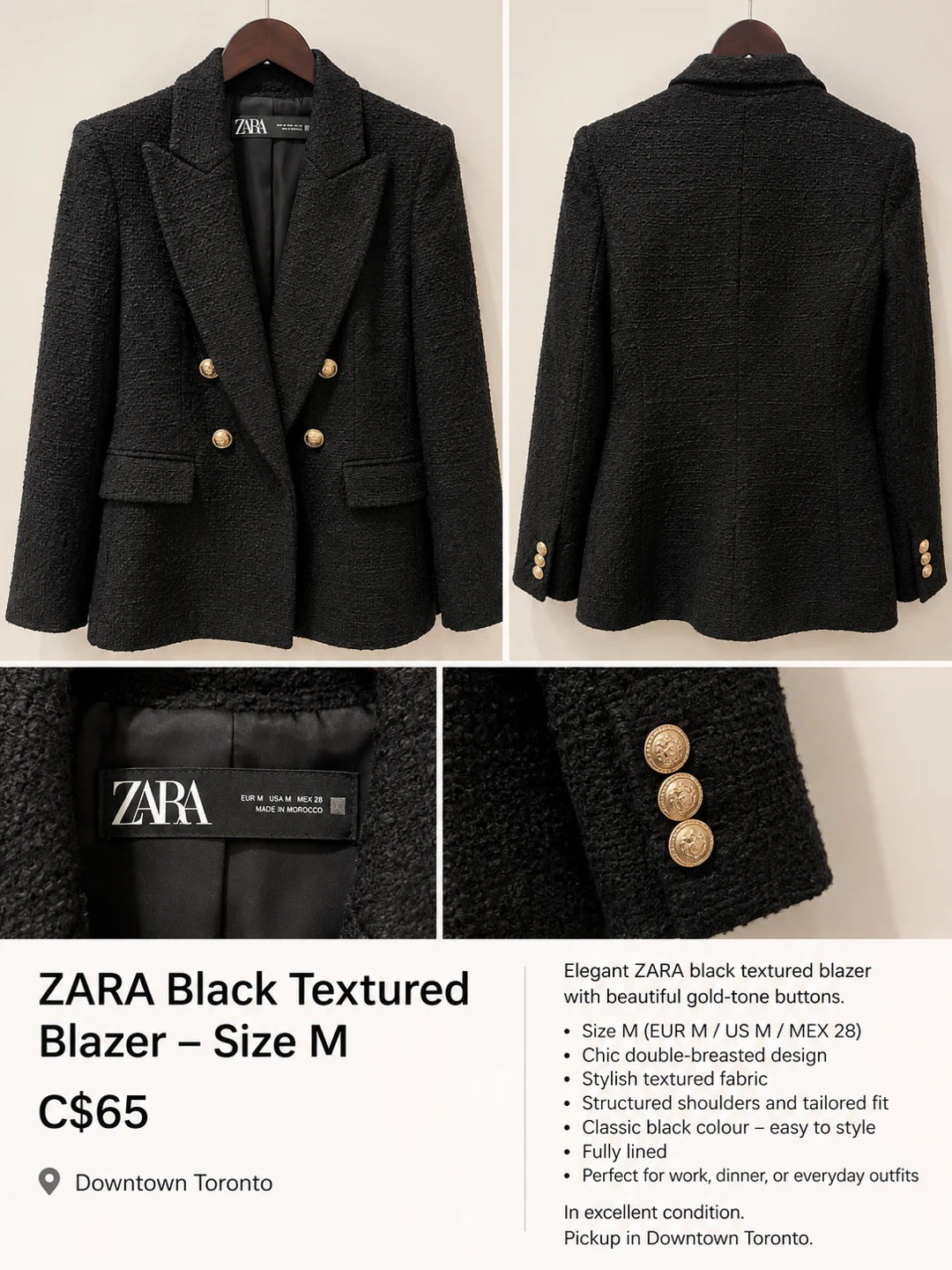 ZARA Black Textured Double-Breasted Blazer - photo 2