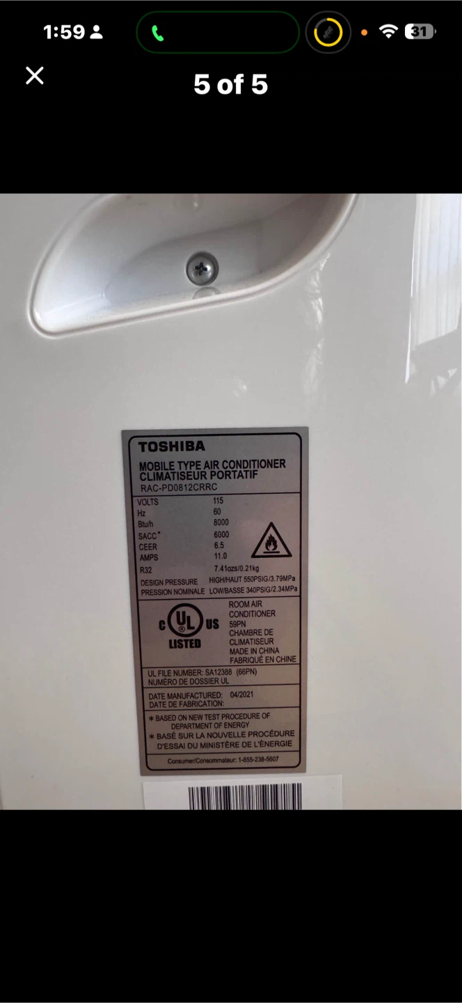 Toshiba Mobile Type Air Conditioner RAC-PD0812CRRC